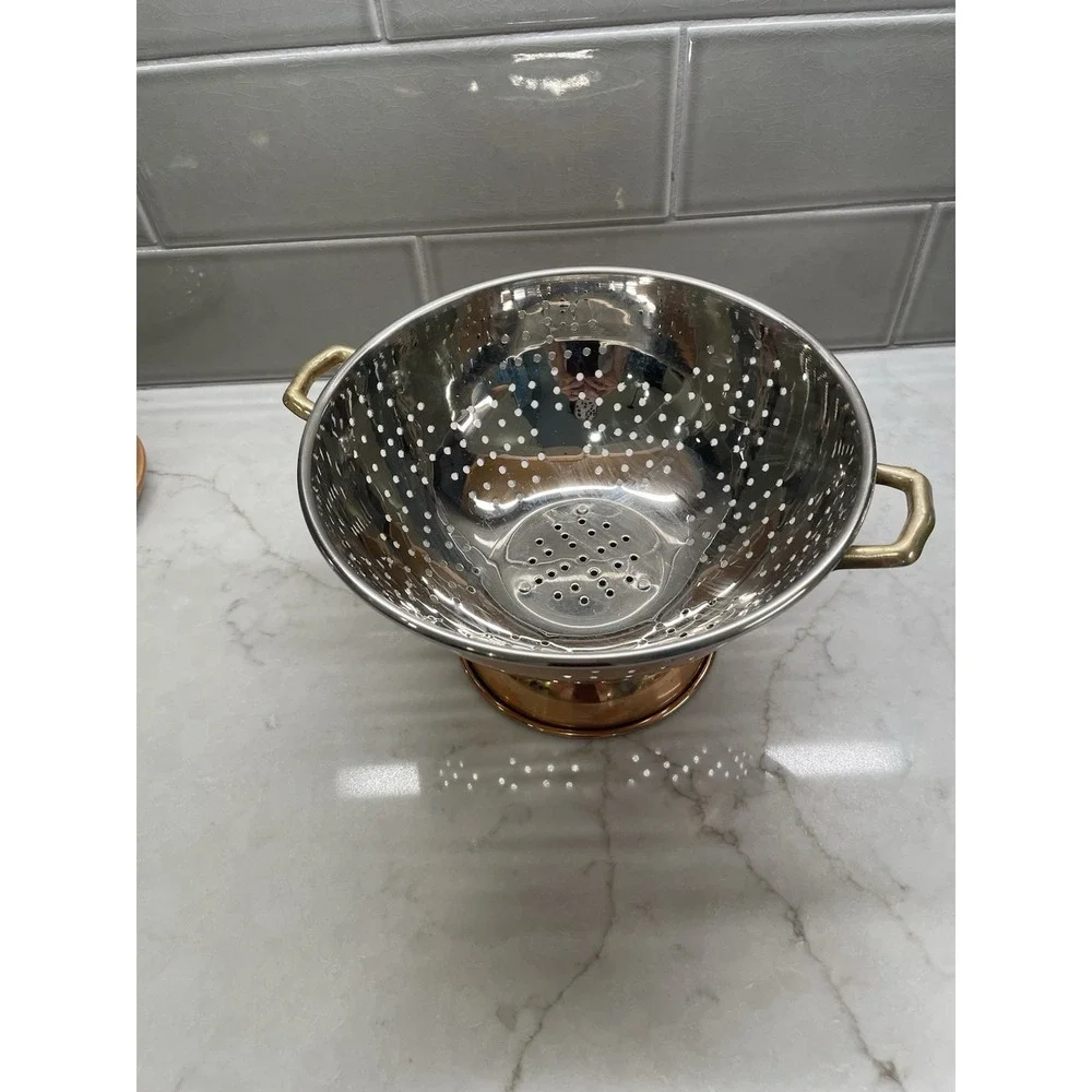 Vintage Solid Korean Copper Colander Footed Strainer Brass Handles Farmhouse 9